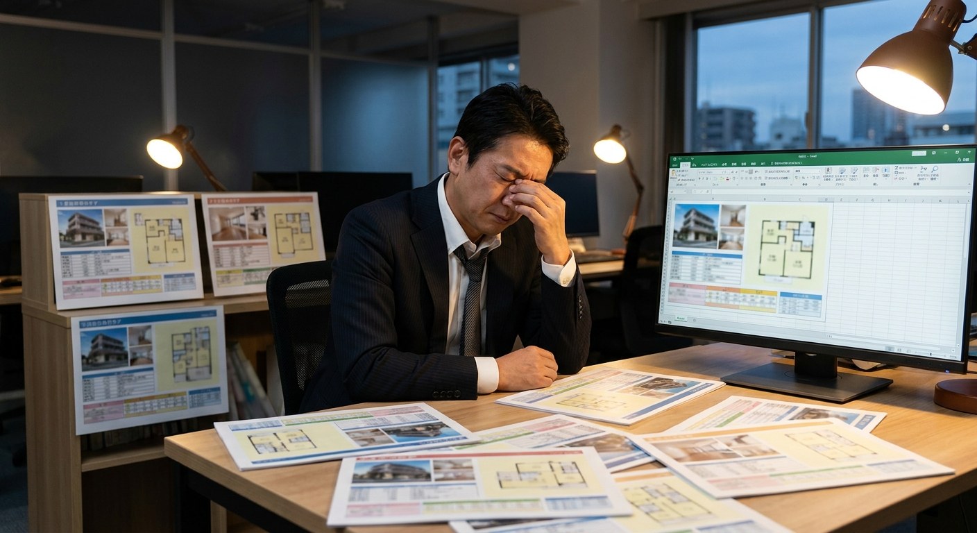 Excelで作られたマイソクの帯替え作業に時間を取られている不動産営業担当者
