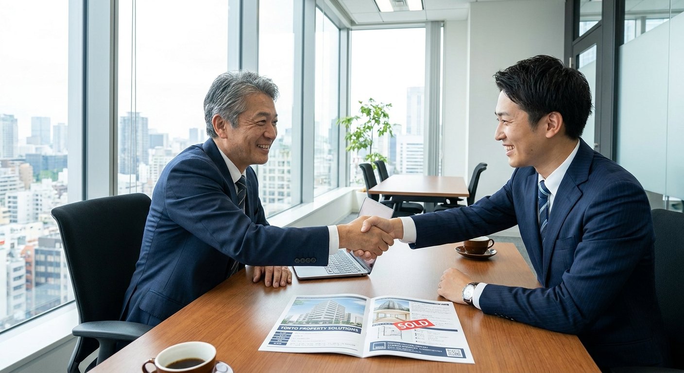 質の高いマイソクを介して契約が成立し握手する不動産業者
