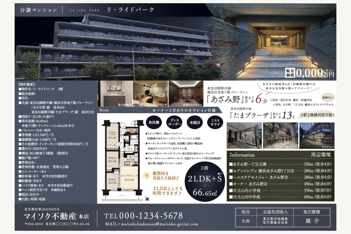 紙面下部に帯を独立させたマイソクの見本(商号・免許証番号・所在地・電話番号・取引態様。会社情報は架空)