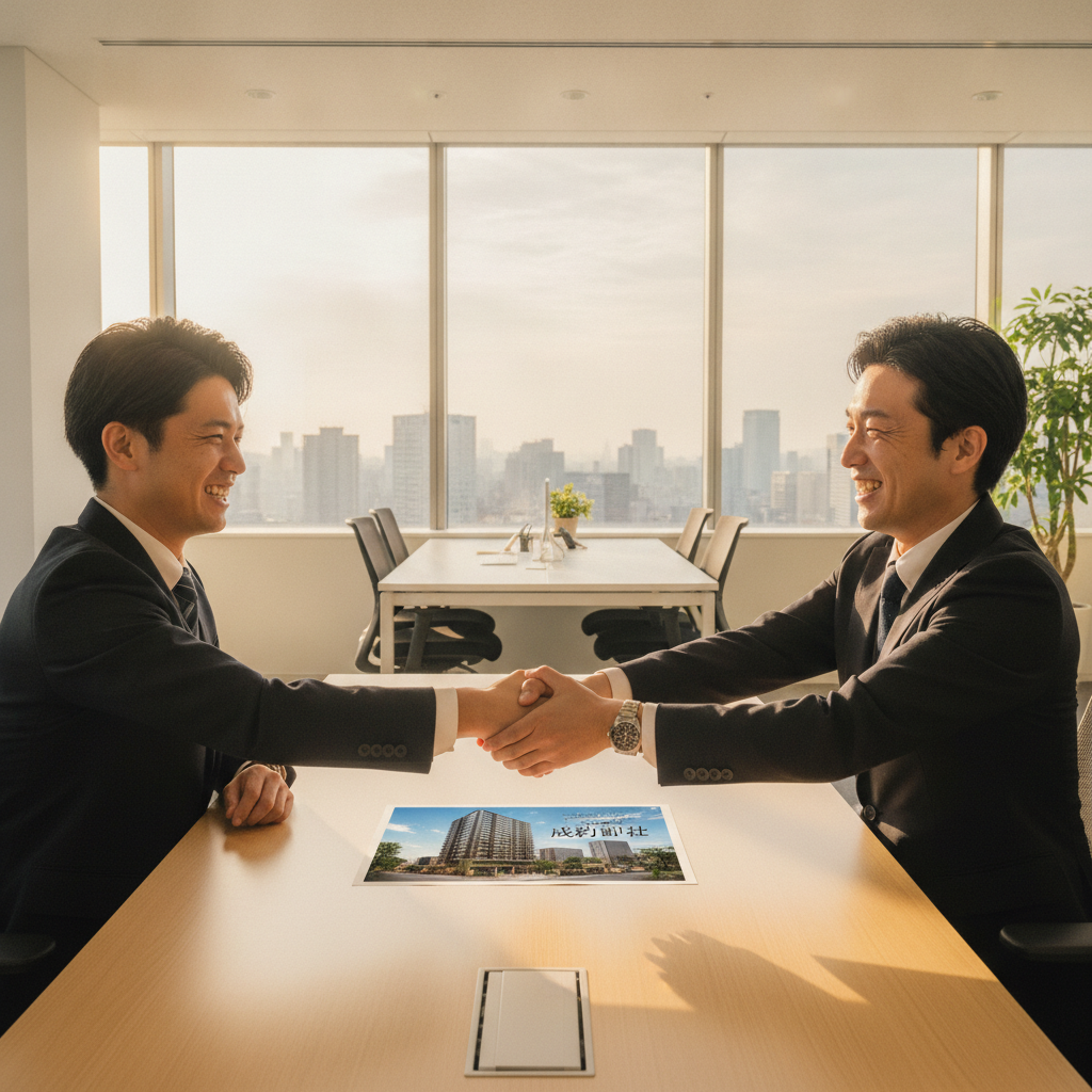 質の高いマイソクを介して契約が成立し握手する不動産業者
